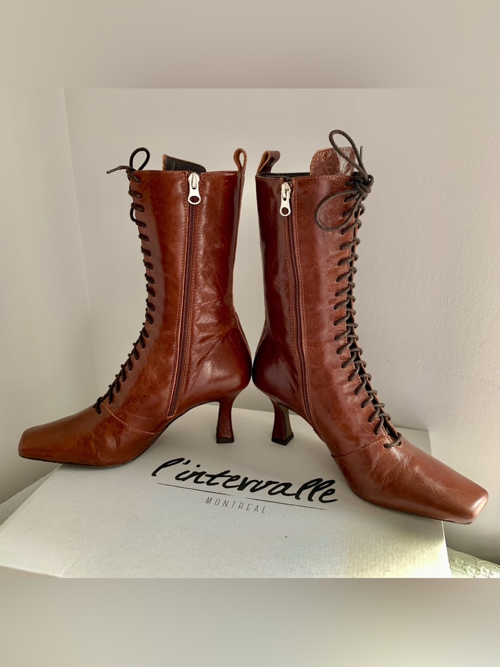 L'INTERVALLE Cognac Lace-Up Mid-Calf Heeled Boots